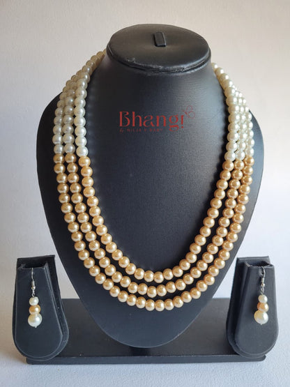 Dual-Tone Pearl Necklace & Earring Set