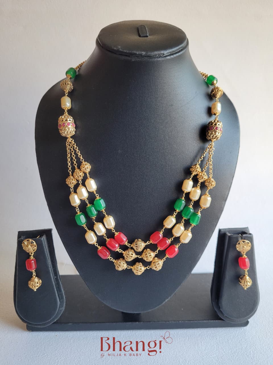 Multicolour Gold Beaded Necklace & Earring Set