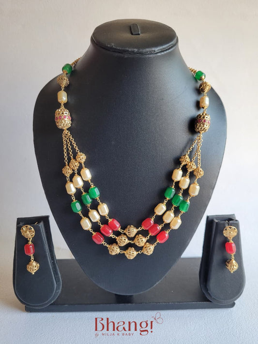 Multicolour Gold Beaded Necklace & Earring Set