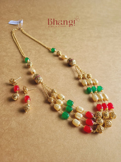 Multicolour Gold Beaded Necklace & Earring Set