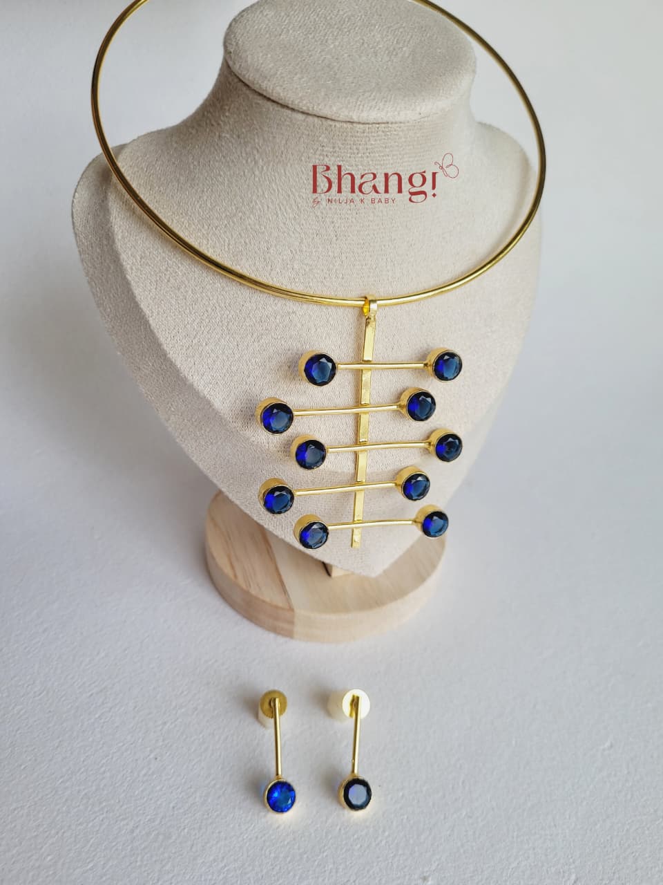 Sapphire Linear Brass Necklace & Stud Set