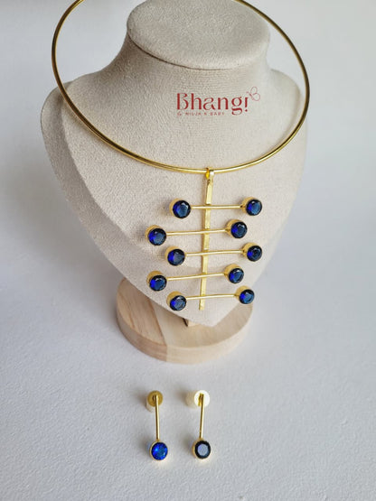 Sapphire Linear Brass Necklace & Stud Set