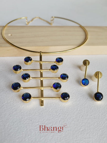 Sapphire Linear Brass Necklace & Stud Set