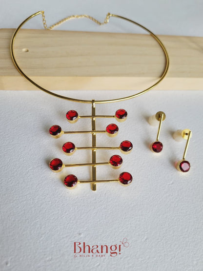 Ruby Linear Brass Necklace & Stud Set