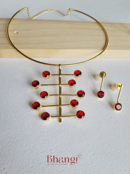 Ruby Linear Brass Necklace & Stud Set