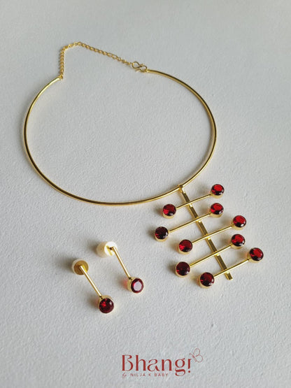 Ruby Linear Brass Necklace & Stud Set
