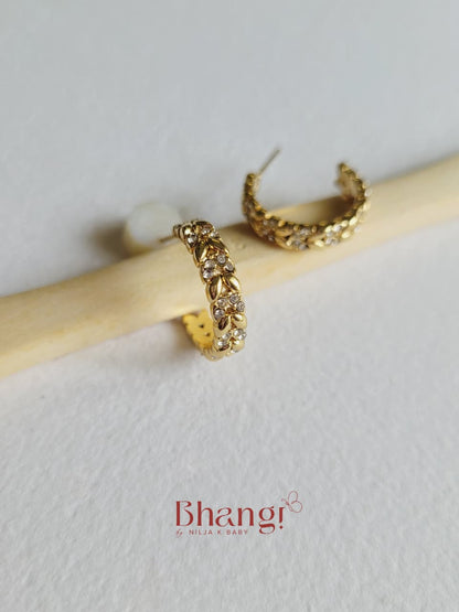 Golden Crystal Leaf Hoop Earrings