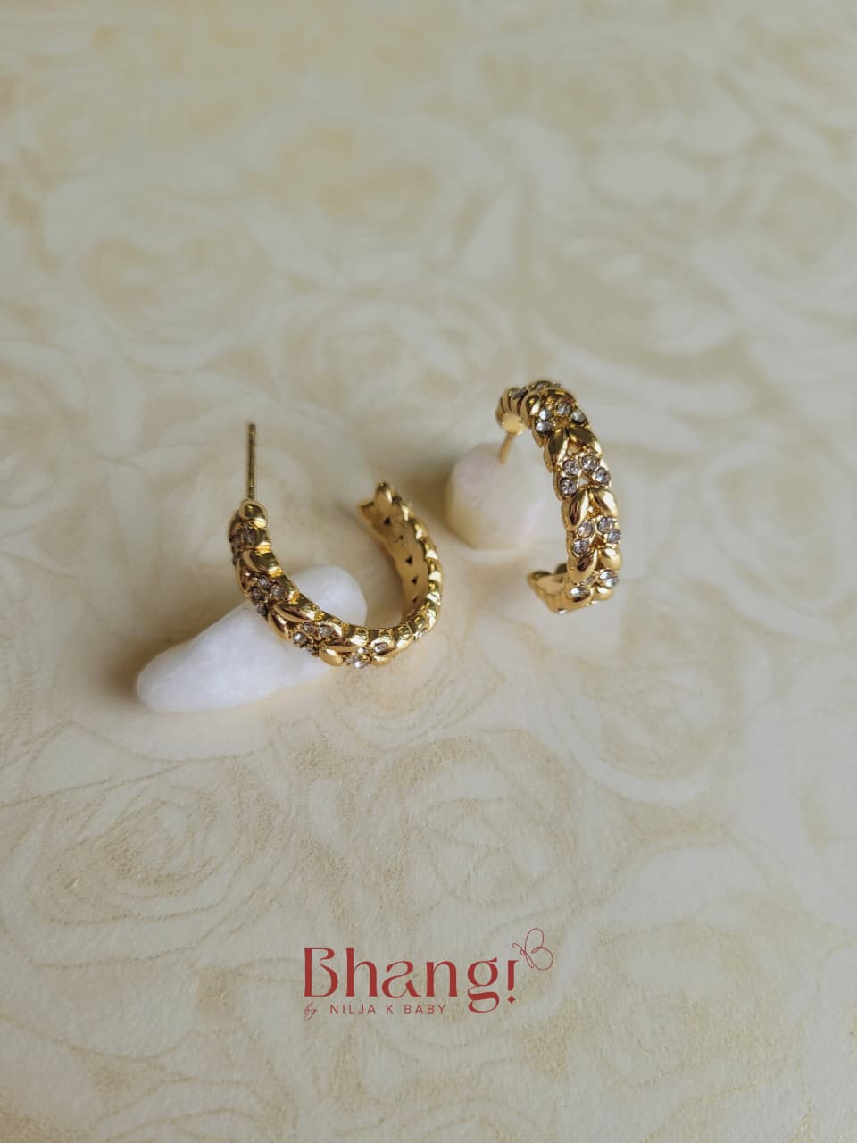 Golden Crystal Leaf Hoop Earrings