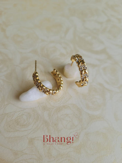 Golden Crystal Leaf Hoop Earrings