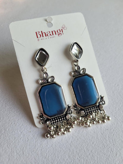 Noor Blue Stone Oxidised Statement Earrings