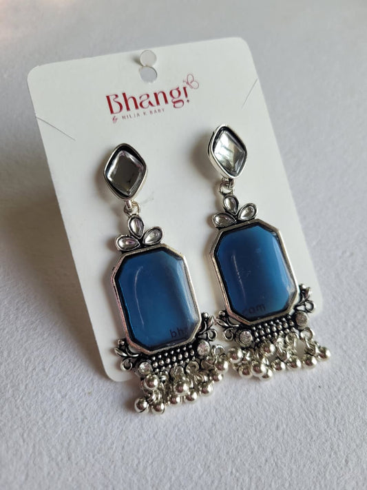 Noor Blue Stone Oxidised Statement Earrings