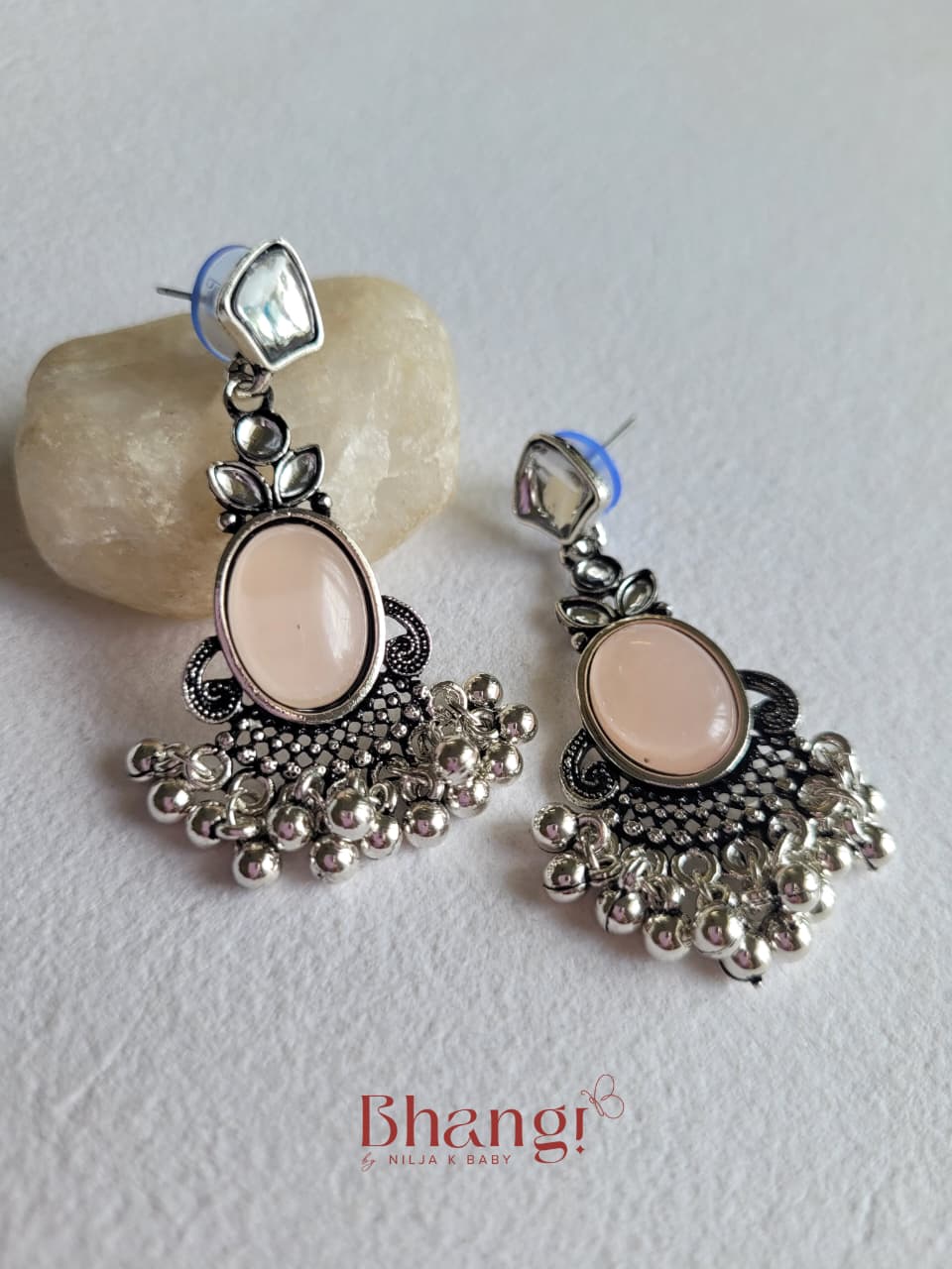 Noor Blush Stone Oxidised Jhumka Earrings