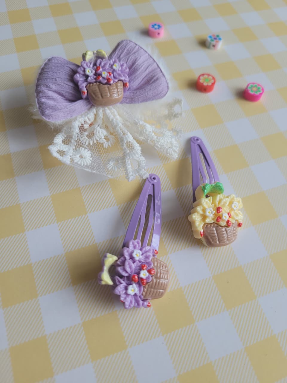 Floral Basket Bow Hair Clip Set