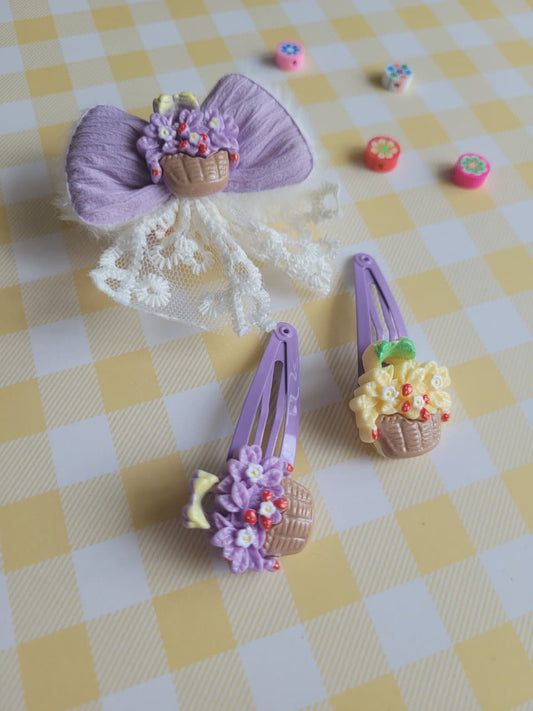 Floral Basket Bow Hair Clip Set