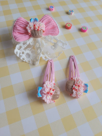 Floral Basket Bow Hair Clip Set