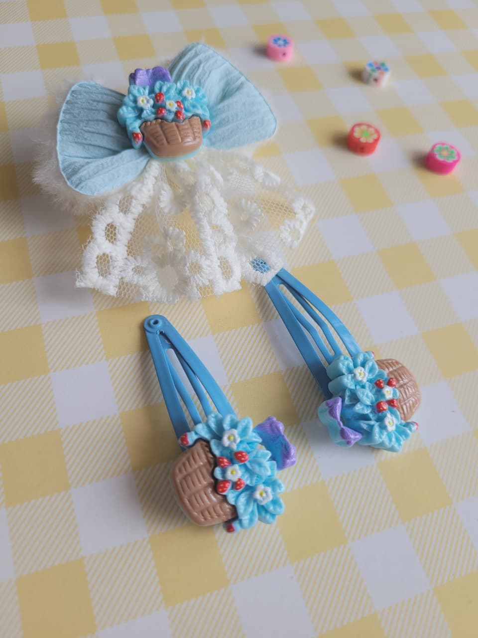 Floral Basket Bow Hair Clip Set