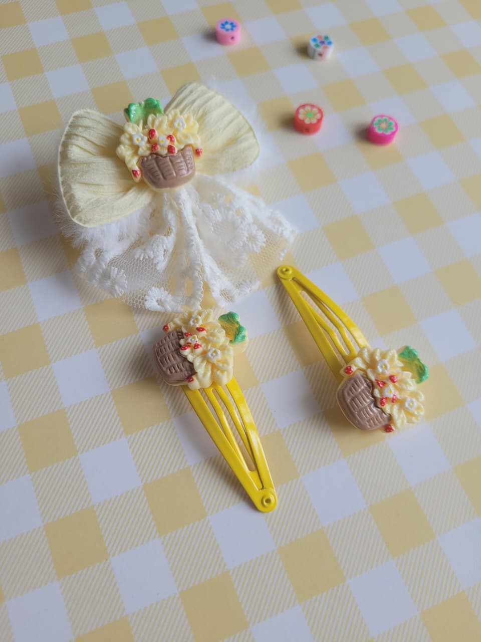 Floral Basket Bow Hair Clip Set