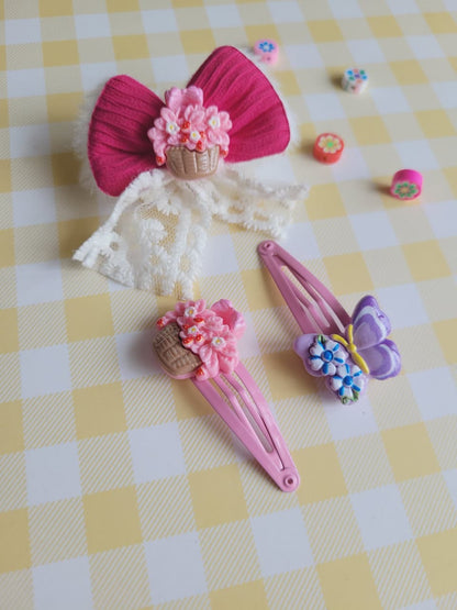Floral Basket Bow Hair Clip Set