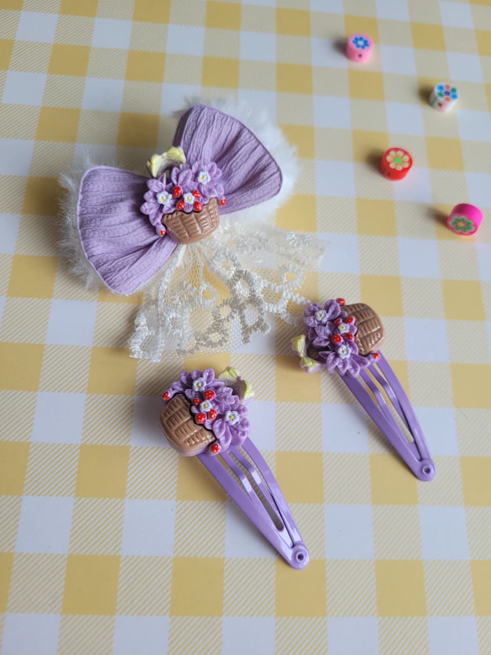 Floral Basket Bow Hair Clip Set