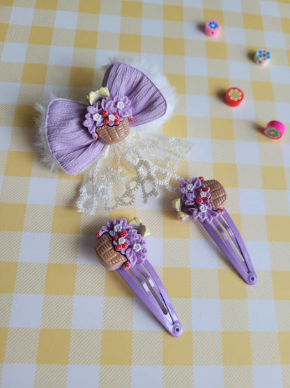 Floral Basket Bow Hair Clip Set