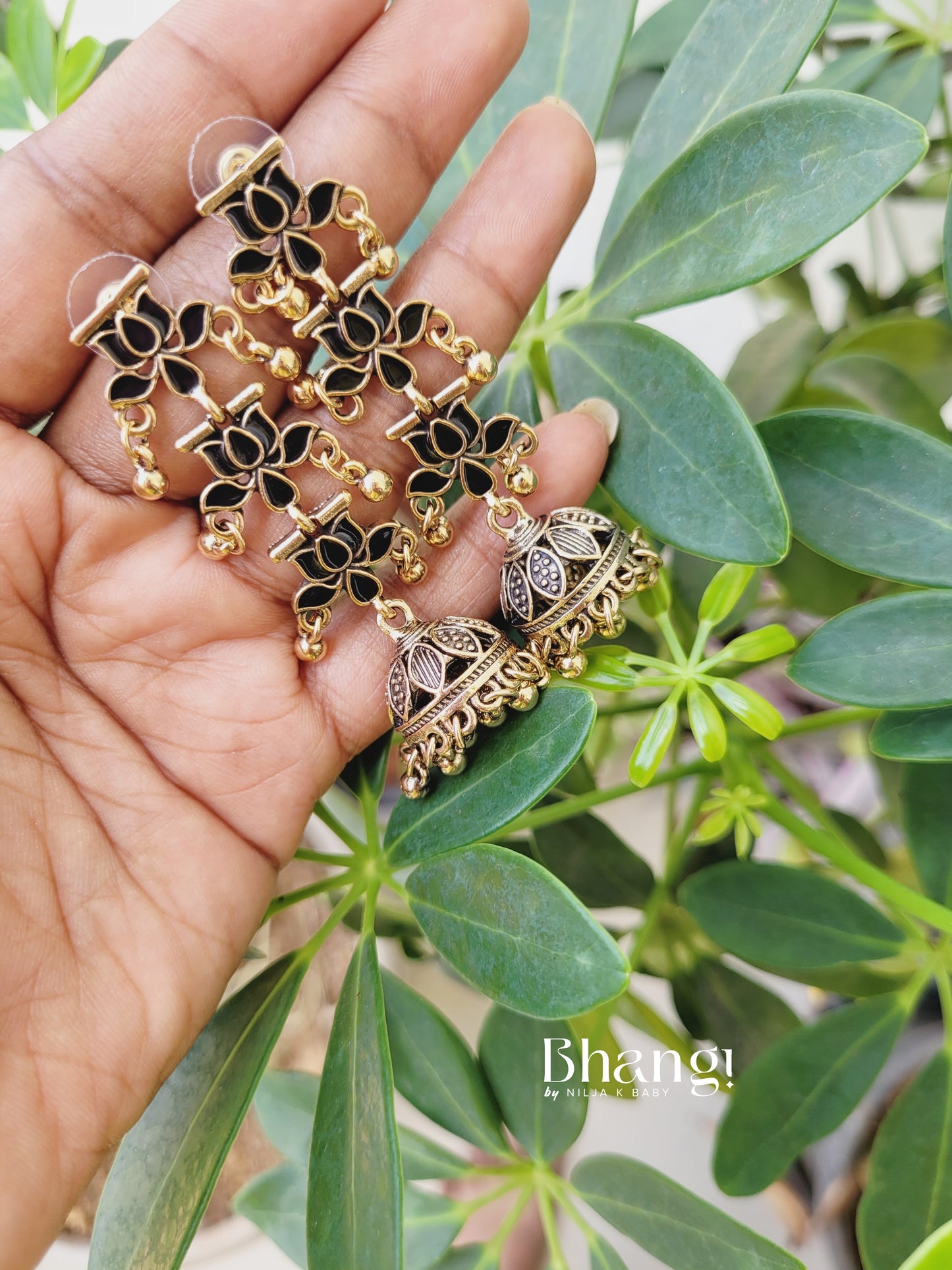 Lotus Jhumka Earrings - Black