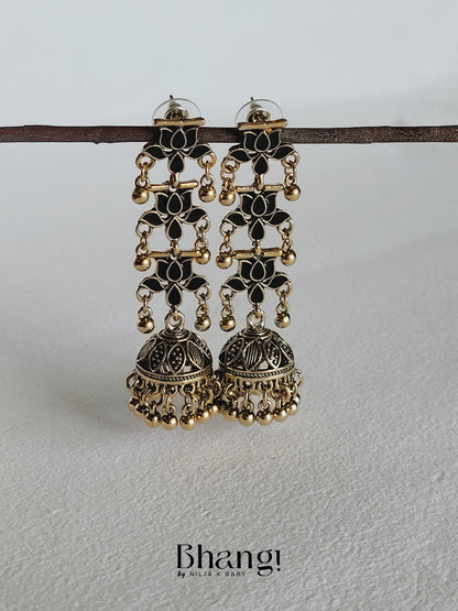 Lotus Jhumka Earrings - Black