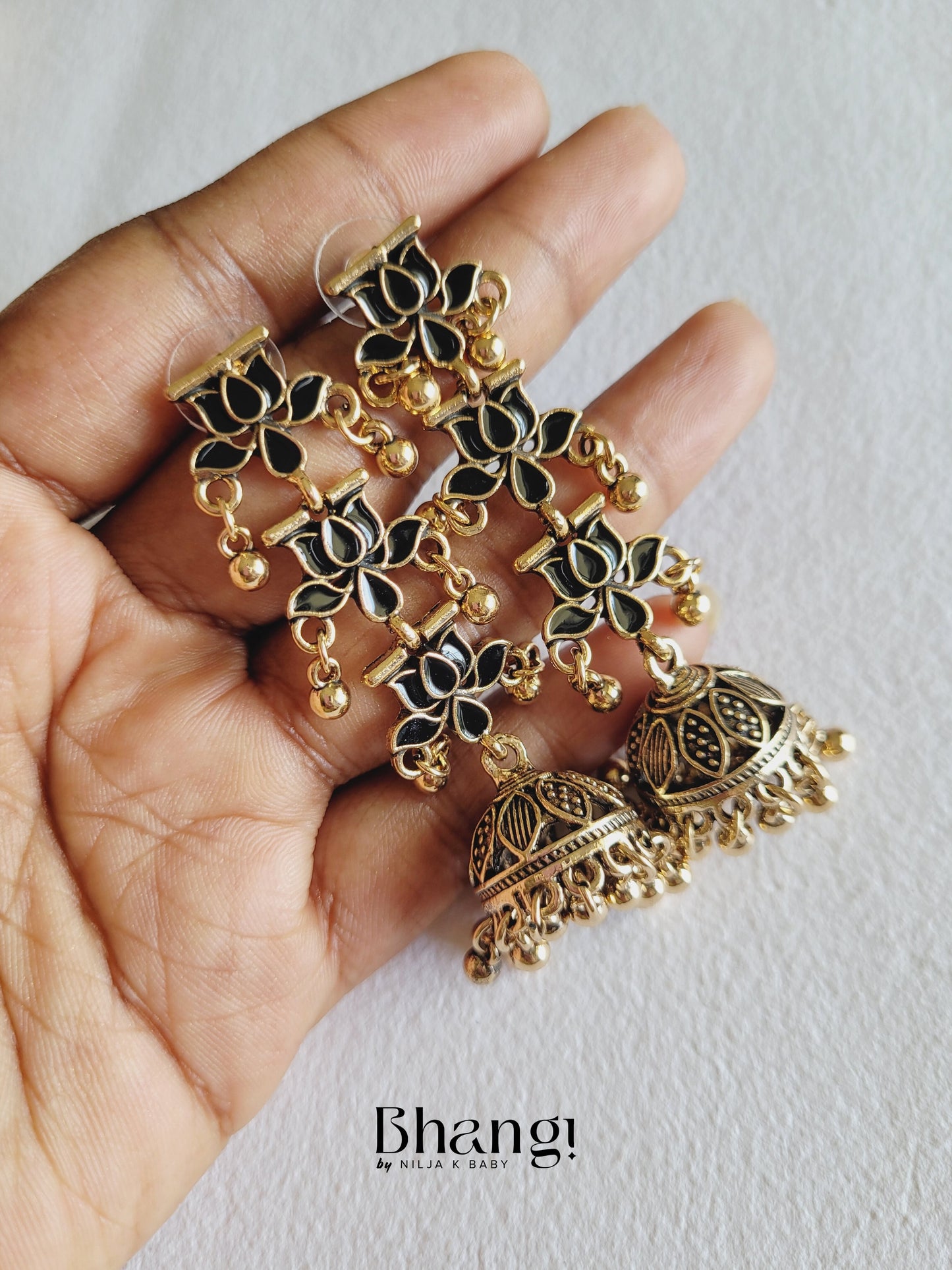 Lotus Jhumka Earrings - Black
