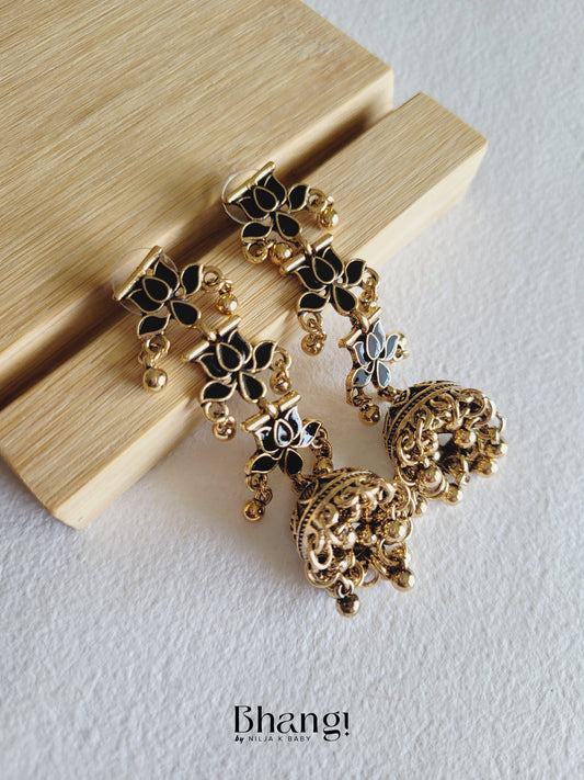 Lotus Jhumka Earrings - Black